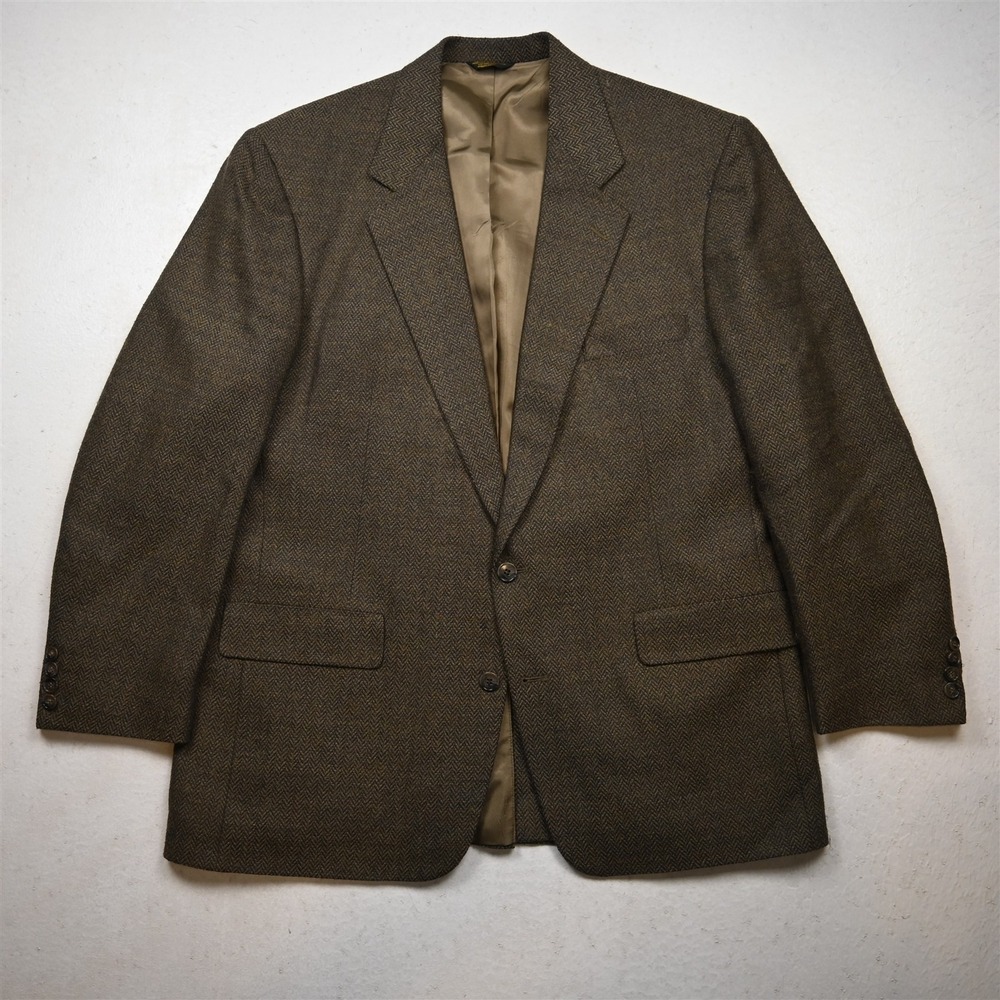 Vtg USA Made 44R Brown Herringbone Wool Tweed Mens Blazer Suit Jacket Sport Coat